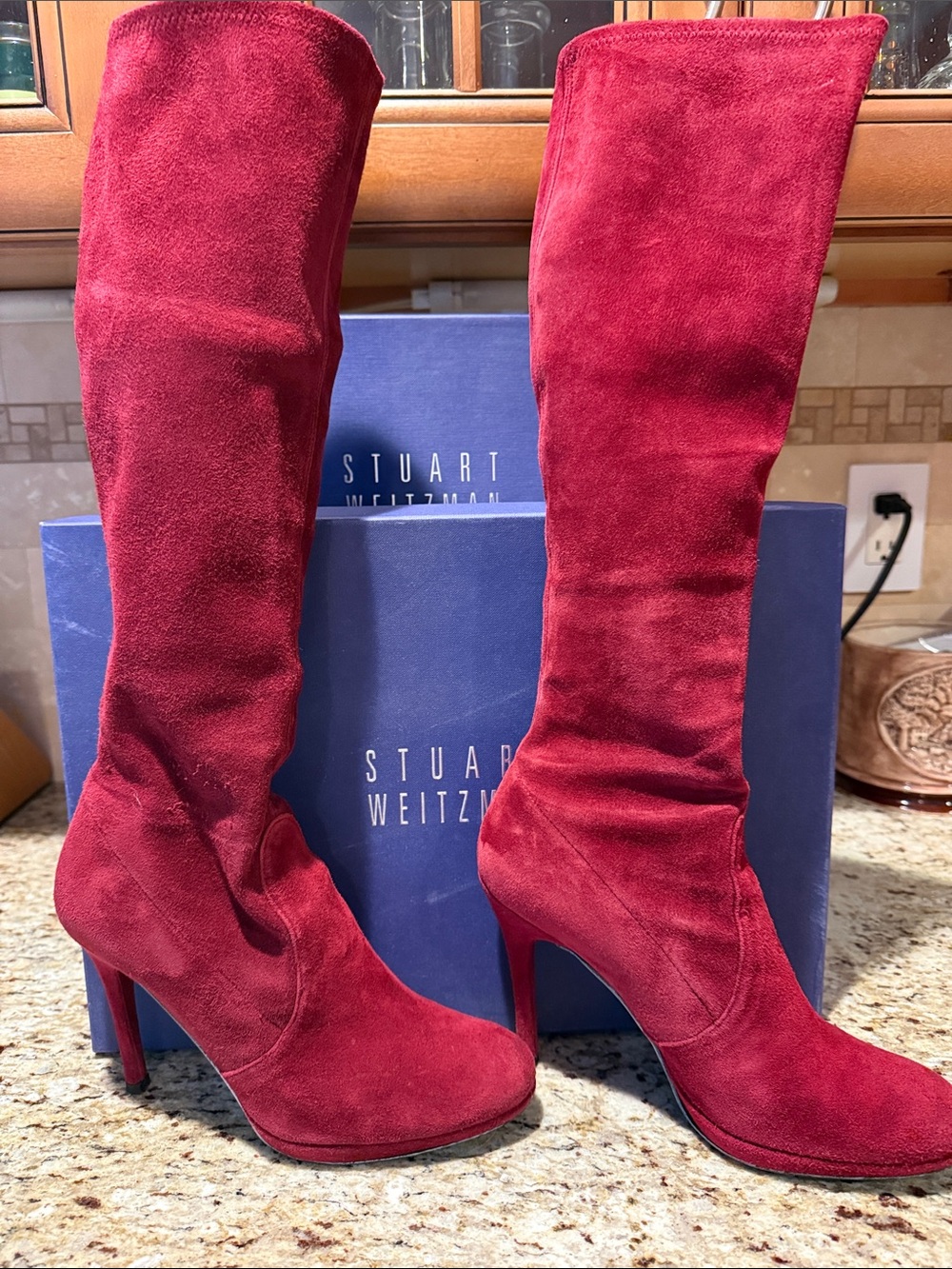 Stuart Weitzman Burgundy Red Suede Over-the-Knee Heeled Boots